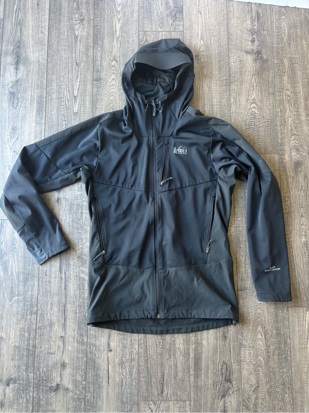 REI Men's Black Hooded Performance Softshell Jacket